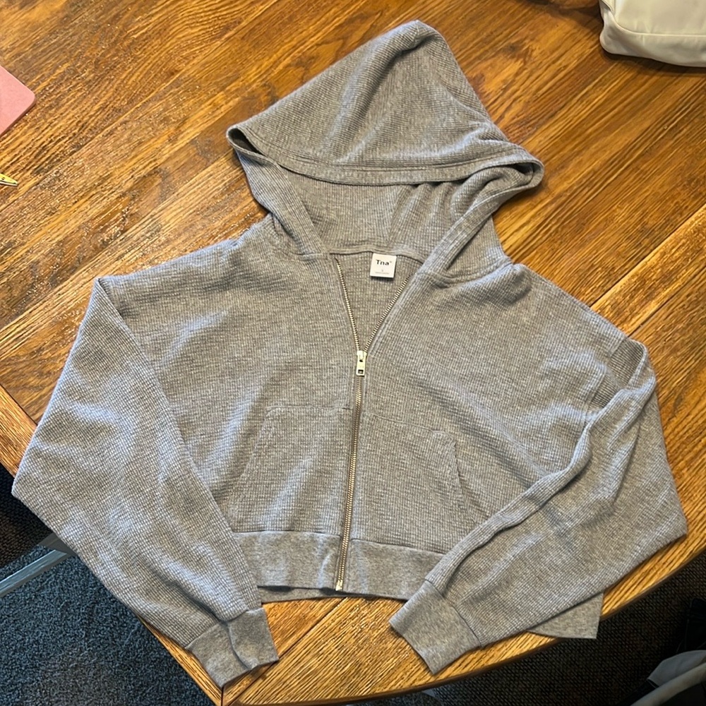 TNA Heather Gray Ribbed Zip-Up Hoodie